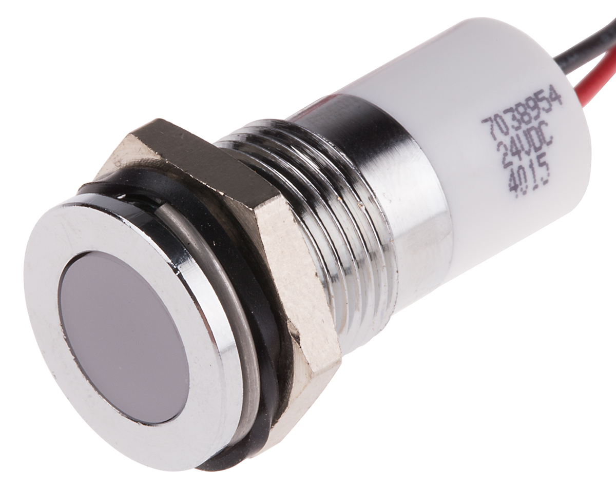 RS PRO White Panel Mount Indicator, 24V dc, 14mm Mounting Hole Size, Lead Wires Termination, IP67