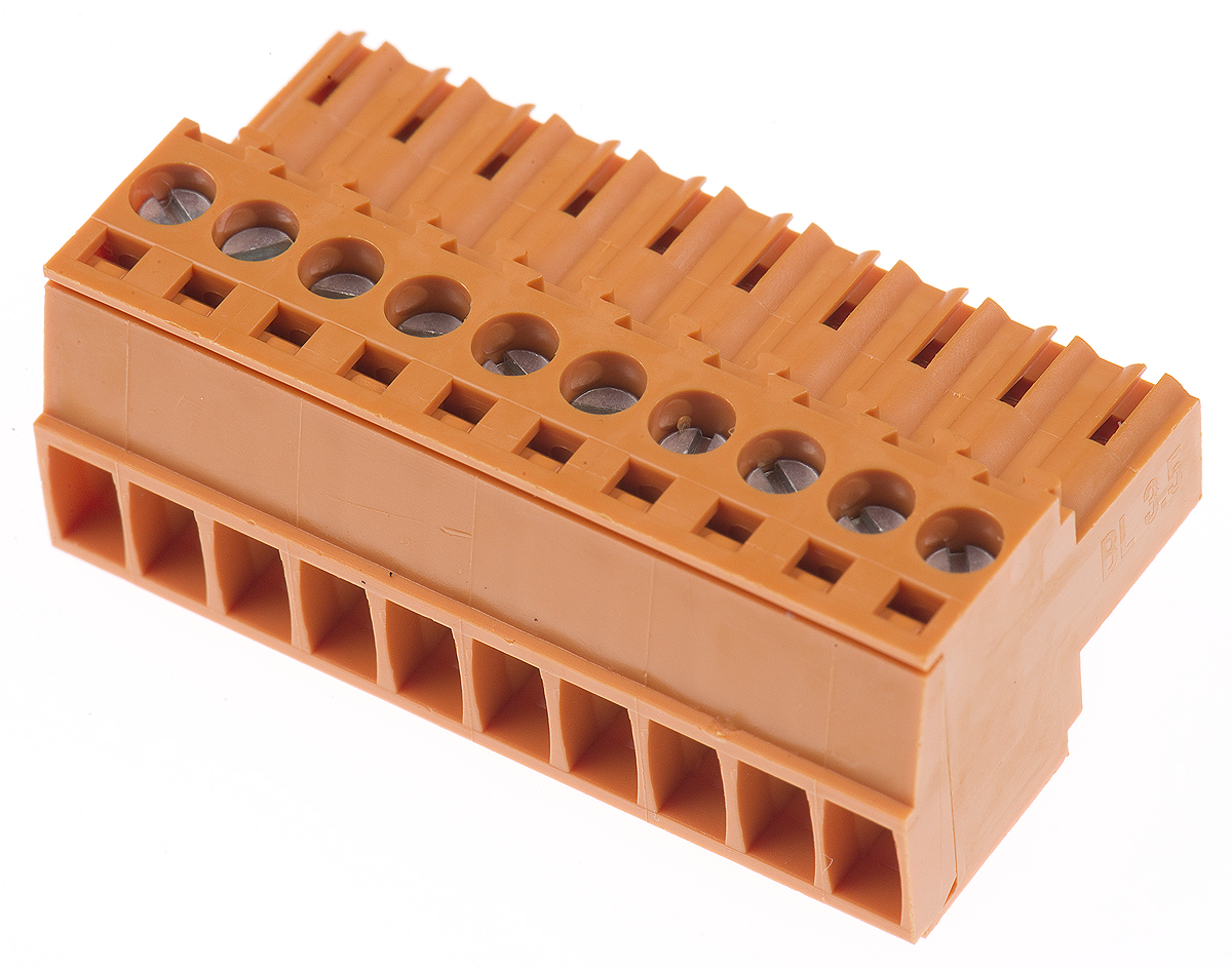 Weidmuller, 3.5mm Pitch, BL, 10 Way, Pluggable Terminal Block, Plug, Cable Mount, Screw Down Termination, 1597440000