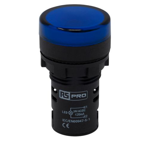 RS PRO, Panel Mount Blue LED Pilot Light, 22mm Cutout, IP65, Round, 24V ac/dc