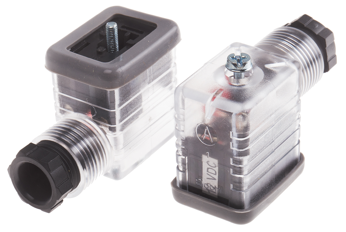 RS PRO 2P+E DIN 43650 B, Female Solenoid Valve Connector with Indicator Light, 12 V dc Voltage