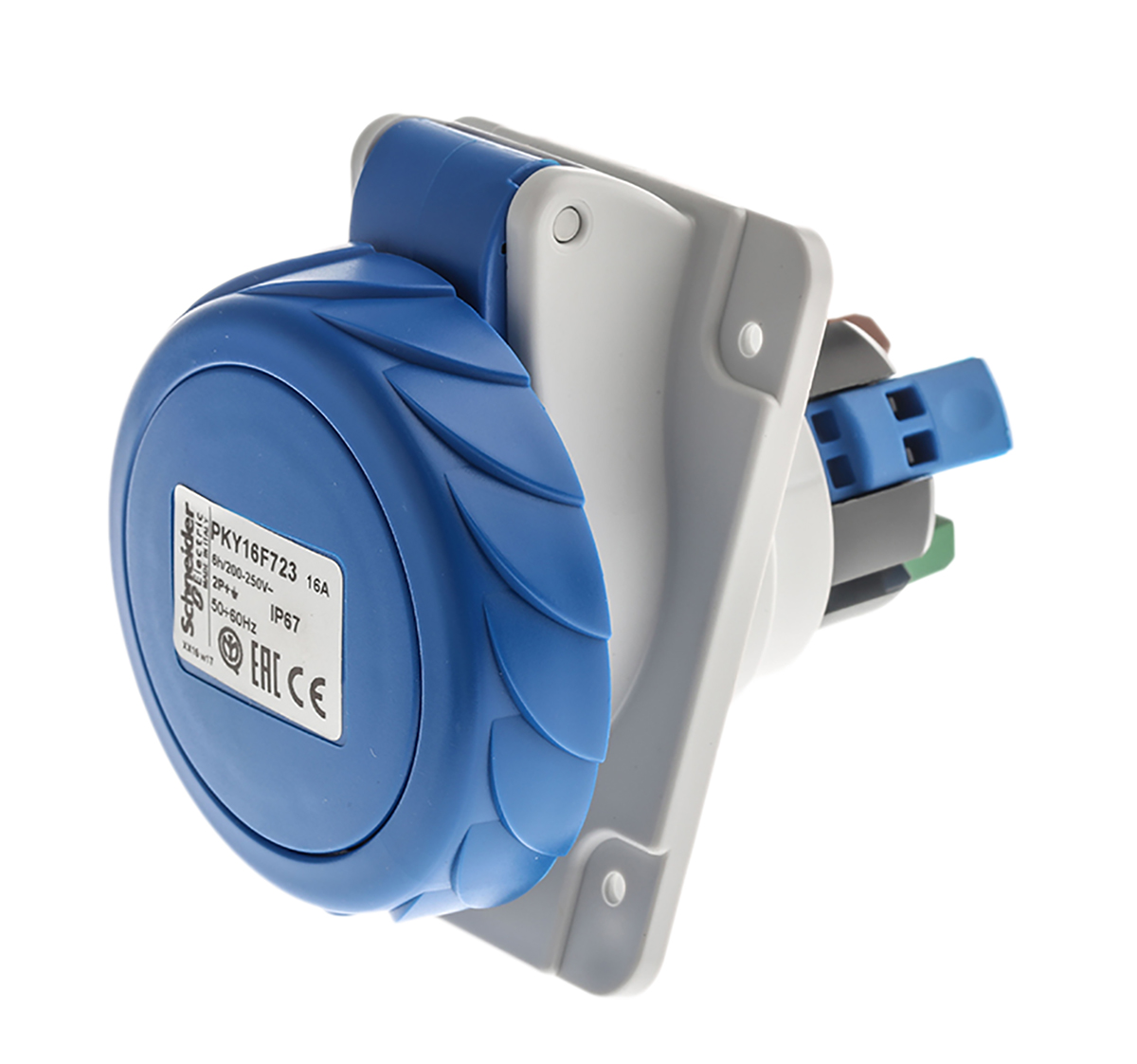 Schneider Electric, PratiKa IP67 Blue Panel Mount 2P + E Right Angle Industrial Power Socket, Rated At 16A, 230 V