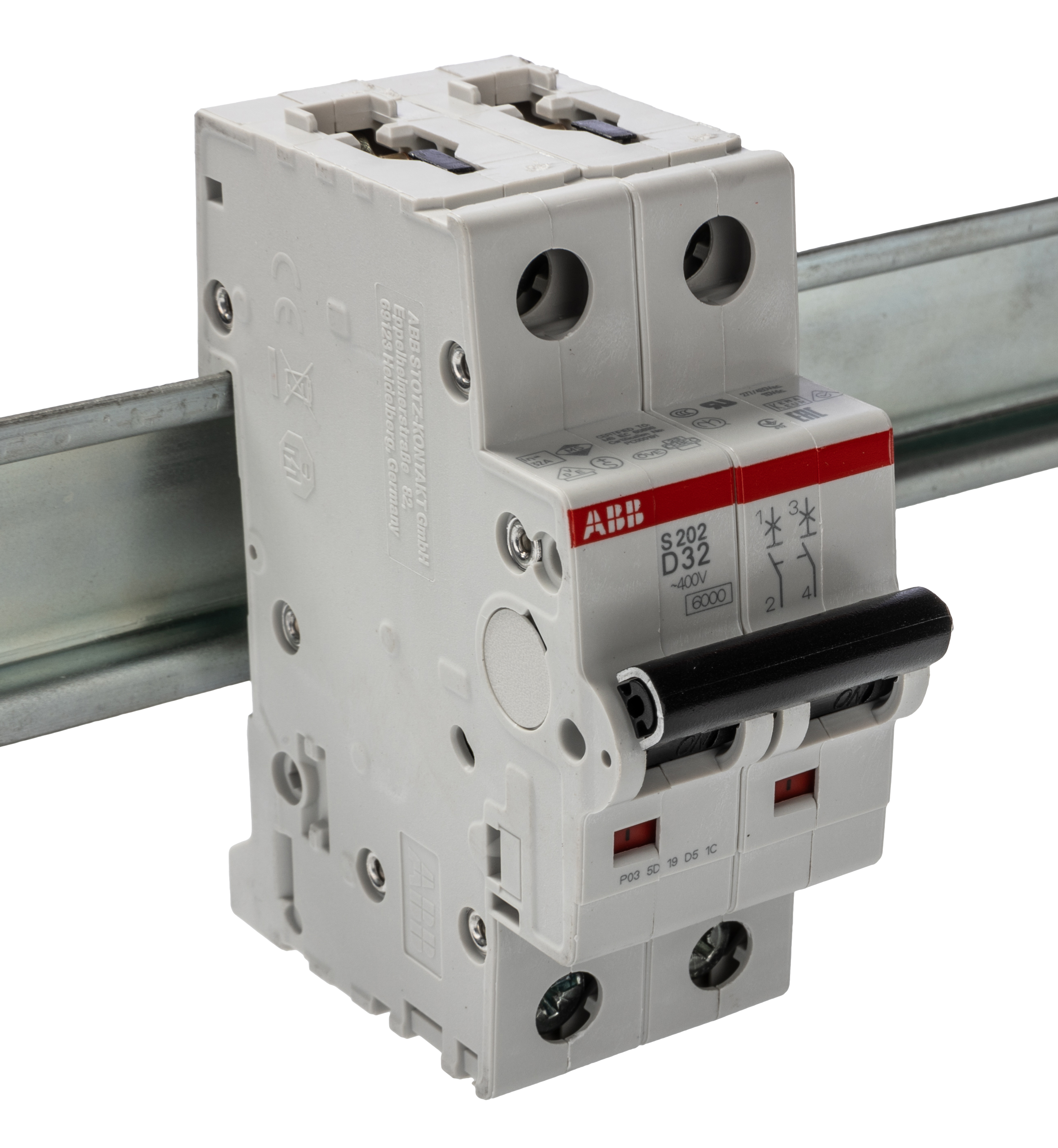 ABB System Pro M Compact S200 MCB, 2P, 32A Curve D, 400V AC, 125V DC, 10 kA Breaking Capacity