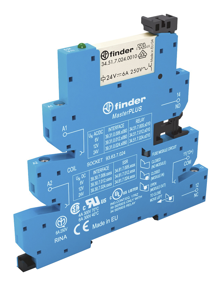 Finder 39 Series Interface Relay Module, DIN Rail Mount, 240V ac/dc Coil, SPDT, 1-Pole, 6/10A Load