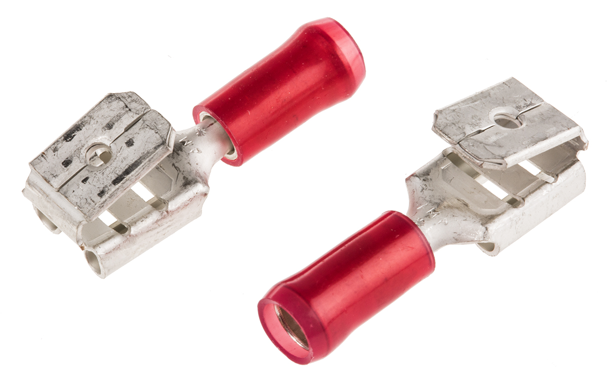 TE Connectivity PIDG FASTON .250 Red Insulated Female Spade Connector, Piggyback Terminal, 6.35 x 0.81mm Tab Size,