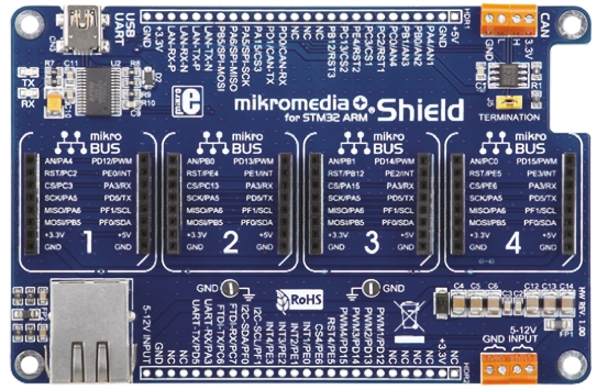 MikroElektronika MIKROE-1417, mikromedia Plus Expansion Board With 4 mikroBUS host sockets for STM32