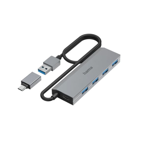 Hama 4 Port USB 3.2 USB A, USB C USB C Hub, USB Powered, 9.8 x 1.2 x 3.2cm