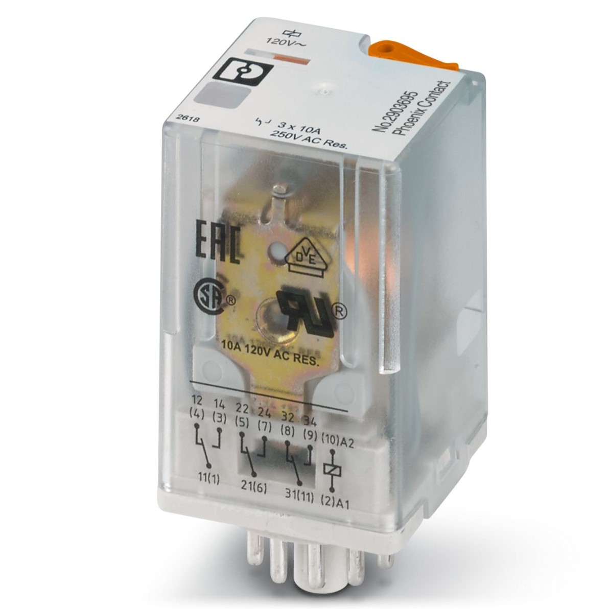 Phoenix Contact Plug In Power Relay, 120V ac Coil, 10A Switching Current, 3PDT