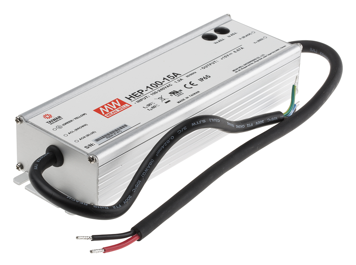 MEAN WELL Switching Power Supply, HEP-100-15A, 15V dc, 6.67A, 100W, 1 Output, 127 → 431 V dc, 90 → 305 V