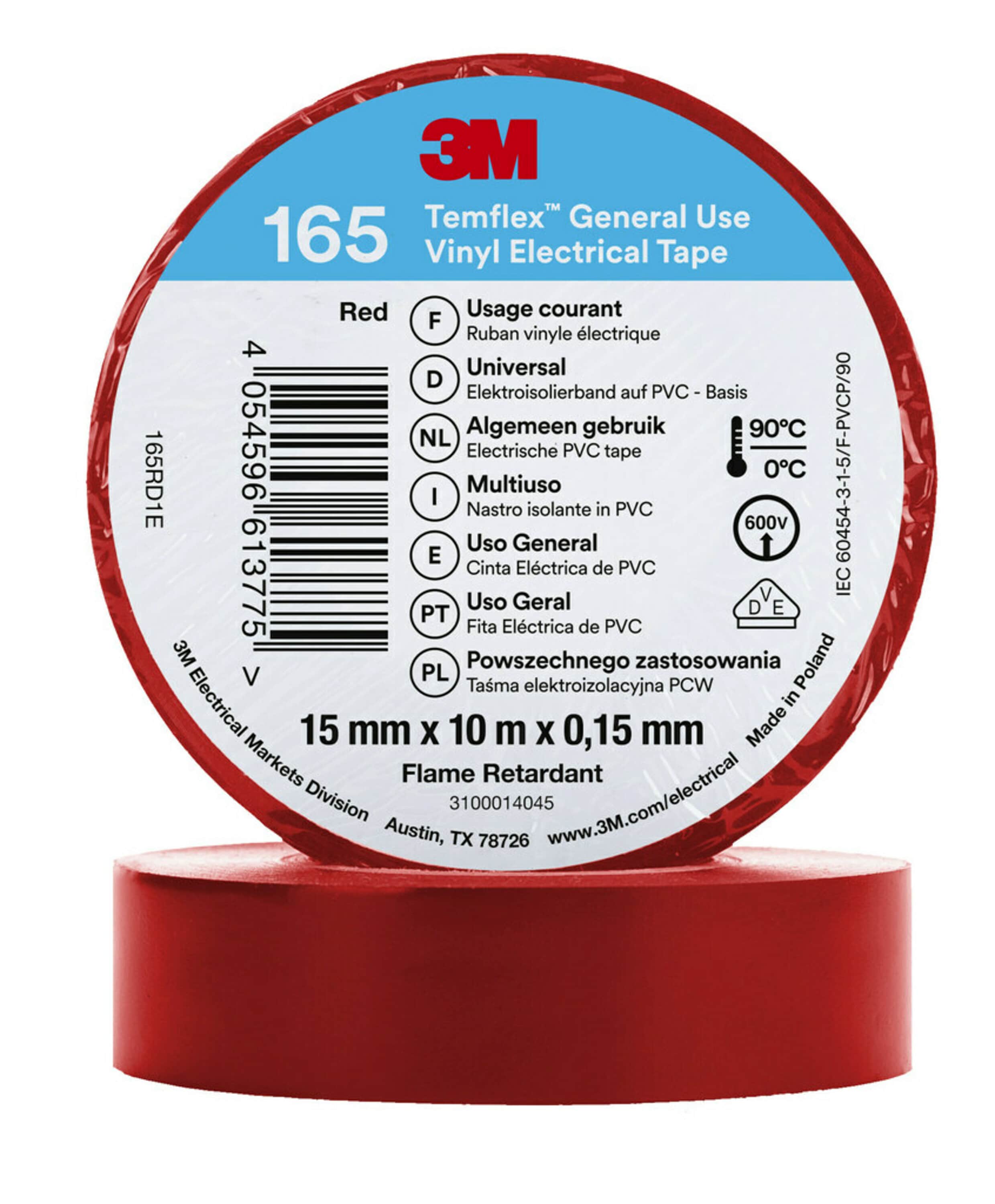 3M Temflex 165 Red Vinyl Electrical Tape, 15mm x 10m