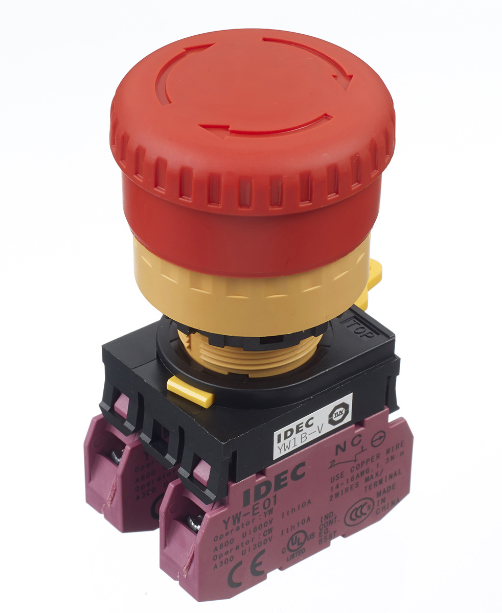 Idec YW Series Twist Release Emergency Stop Push Button, Panel Mount, 22mm Cutout, 2NC, IP65