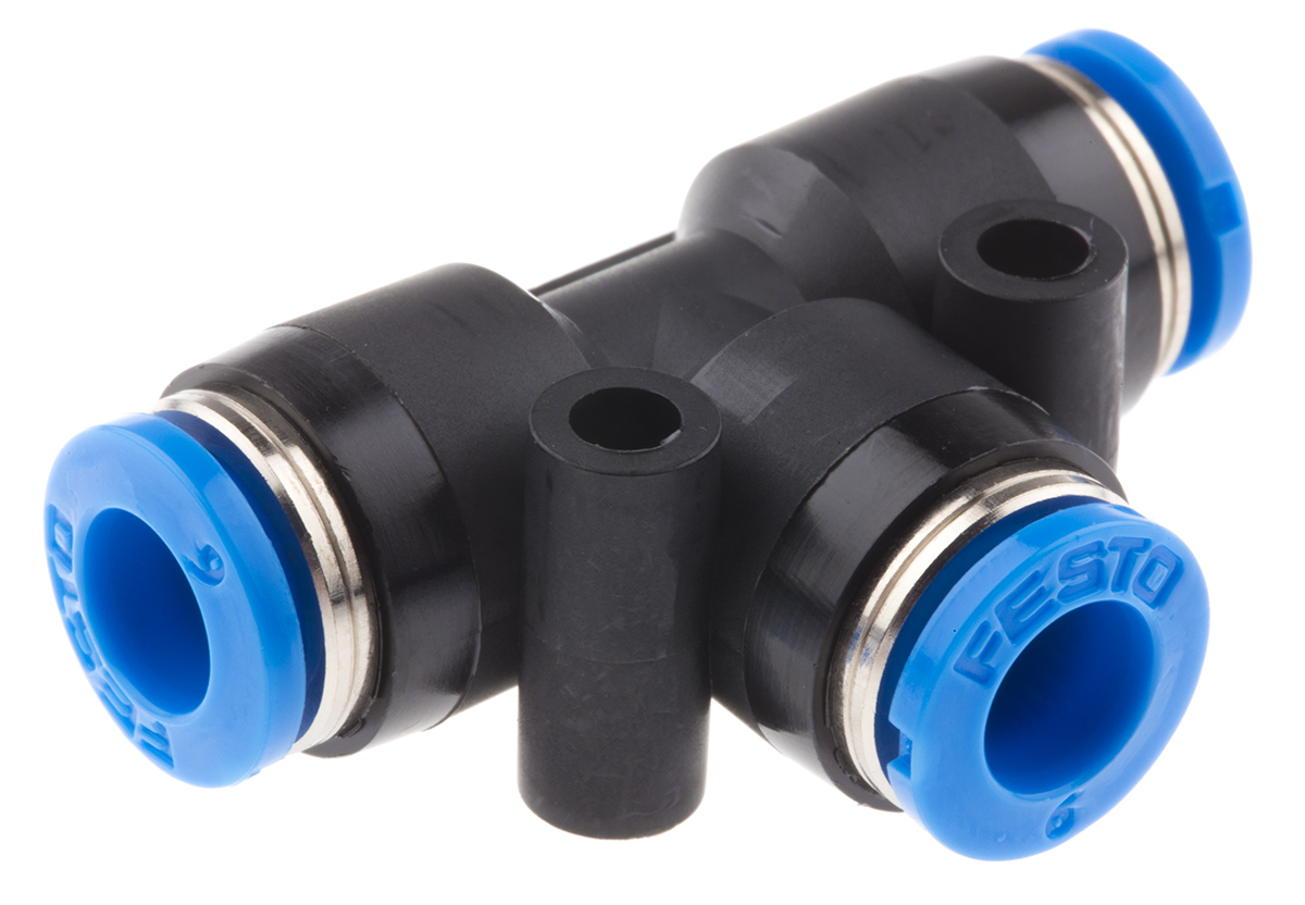 Festo QST Series Tee Tube-to-Tube Adaptor Push In 6 mm, Push In 6 mm to Push In 6 mm, Tube-to-Tube Connection Style,