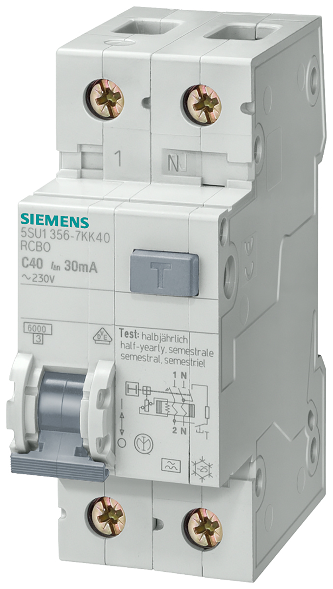 Siemens RCBO, 16A Current Rating, 1P+N Poles, 30mA Trip Sensitivity, Type AC, Sentron Range