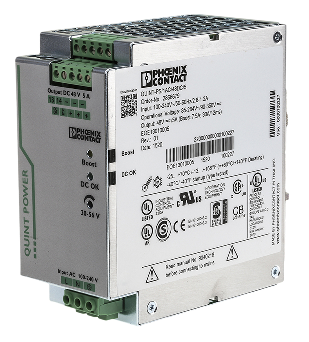 Phoenix Contact QUINT POWER Switched Mode DIN Rail Power Supply, 85 → 264V ac ac Input, 48V dc dc Output, 5A