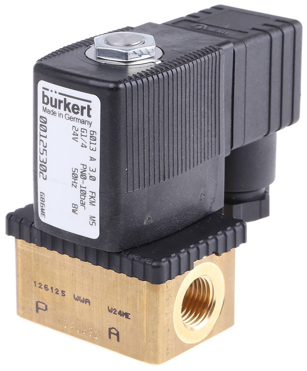 Burkert Solenoid Valve 125302, 2 Port, NC, 24 V ac 6.35 mm, 6.35 mm