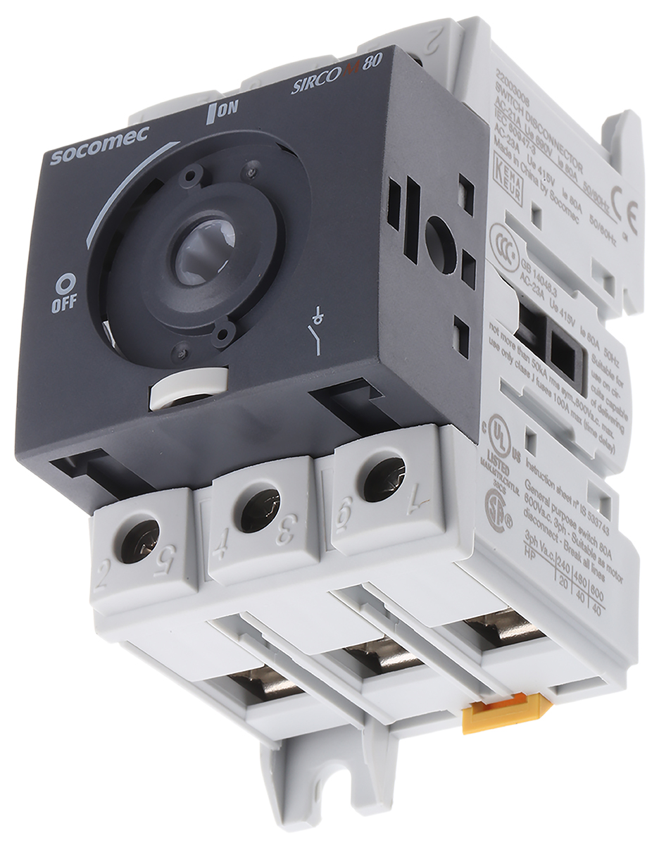 Socomec 3P Pole Isolator Switch - 80A Maximum Current, 37kW Power Rating, IP20