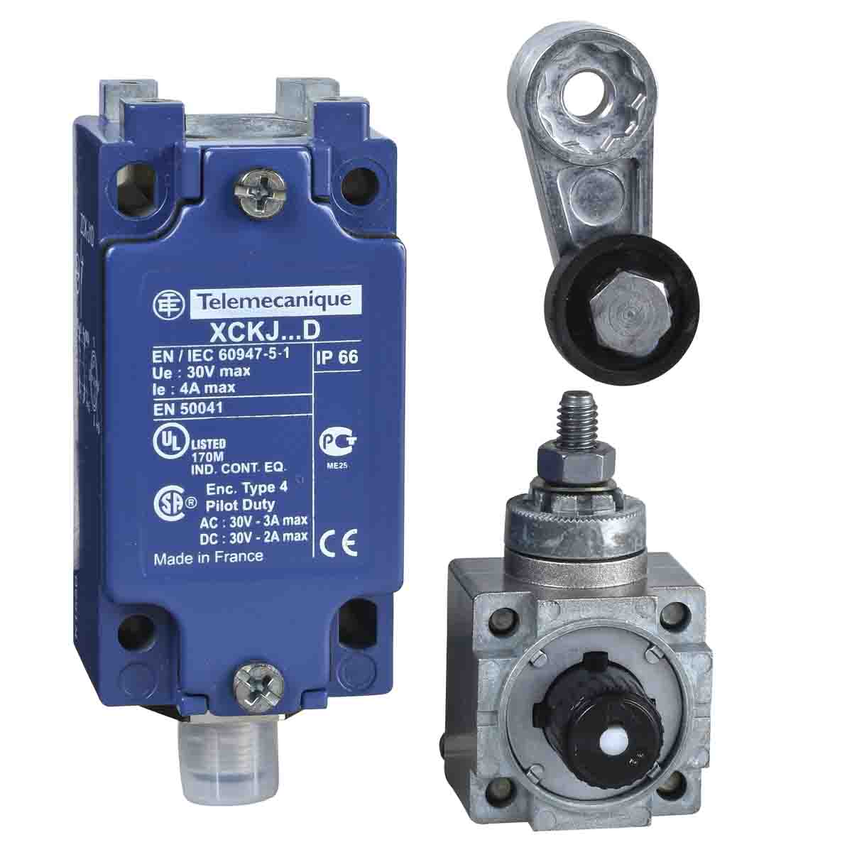 Telemecanique Sensors XCKJ Series Roller Lever Limit Switch, 1NC/1NO, IP66, DPST, Zinc Alloy Housing, 50V ac Max, 3A Max