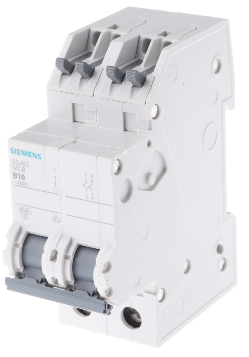 Siemens Sentron 5SJ6 MCB, 2P, 10A Curve B, 230V AC, 60V DC, 6 kA Breaking Capacity