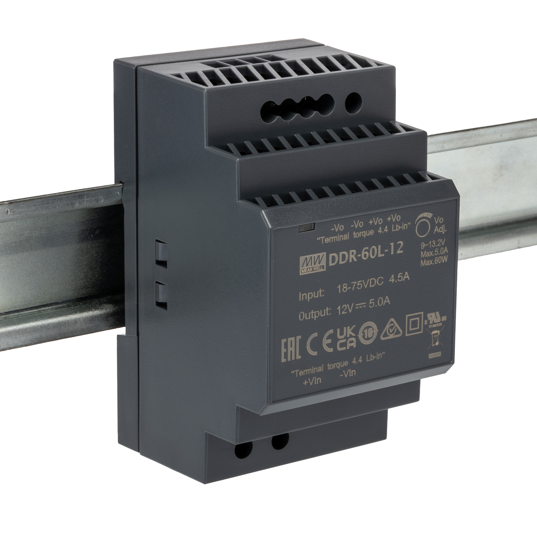 MEAN WELL DDR-60 DC-DC Converter, 12V dc/ 5A Output, 60W, DIN Rail Mount, +85°C Max Temp -40°C Min Temp