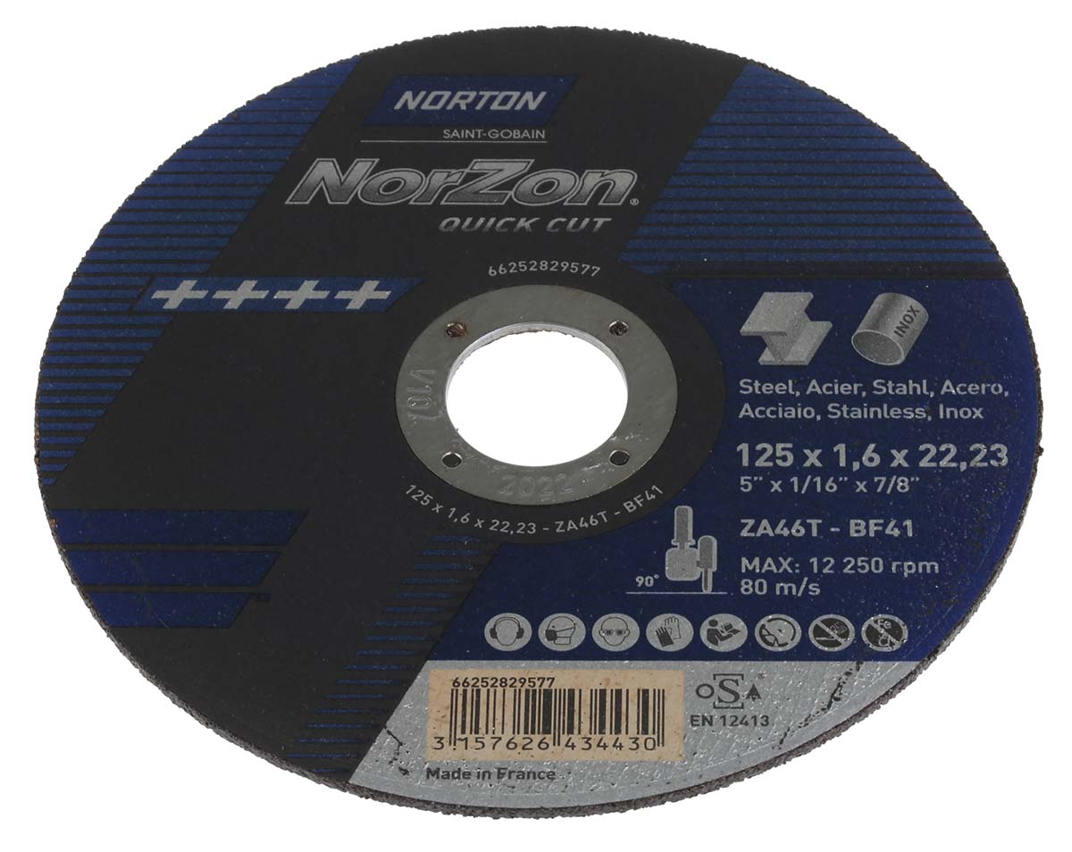 Norton Cutting Disc Zirconium Grinding Disc, 125mm x 1.6mm Thick, P46 Grit, 5 in pack