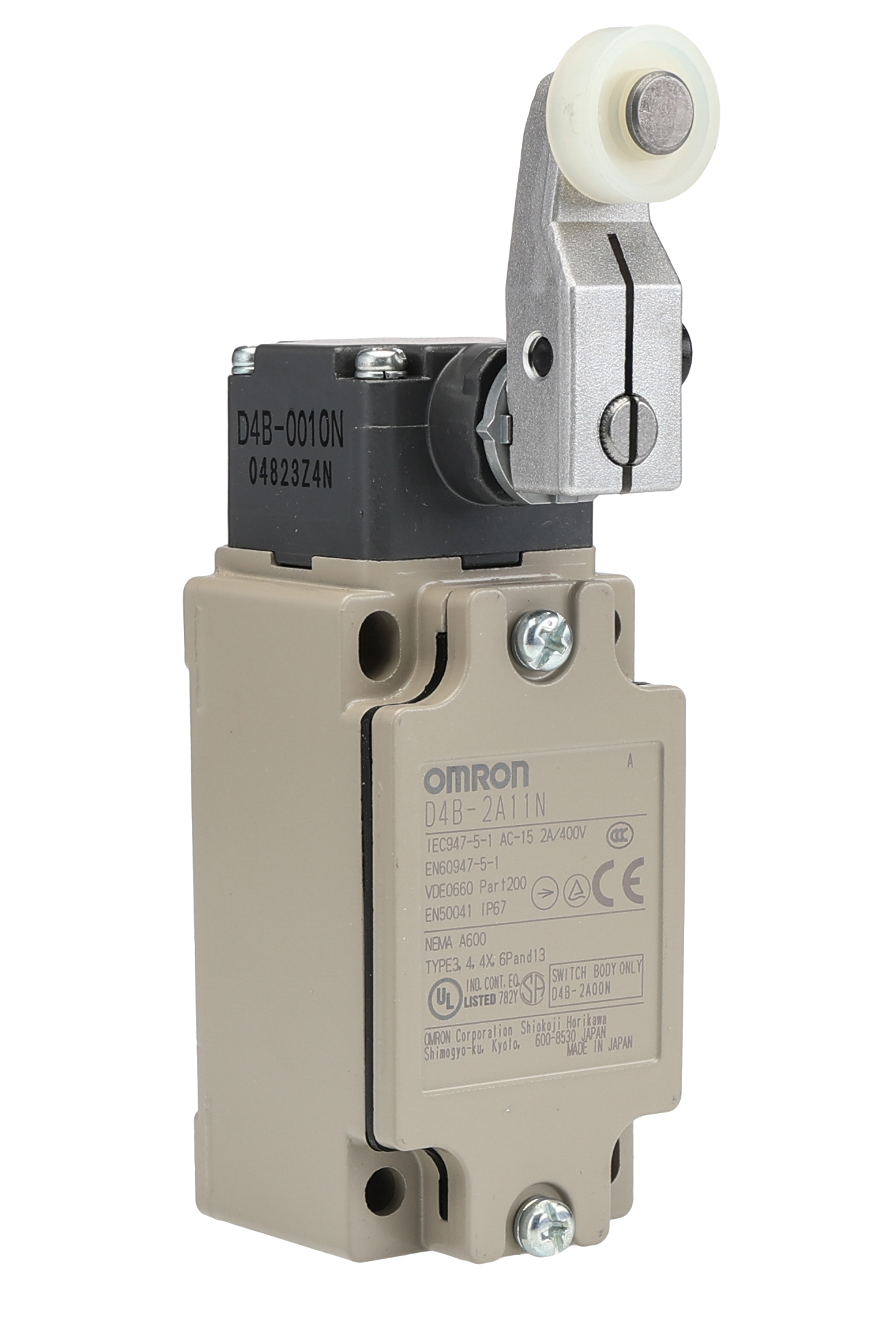 Omron D4B-N Series Roller Lever Limit Switch, 2NC, IP67, Metal Housing, 600V ac Max, 10A Max