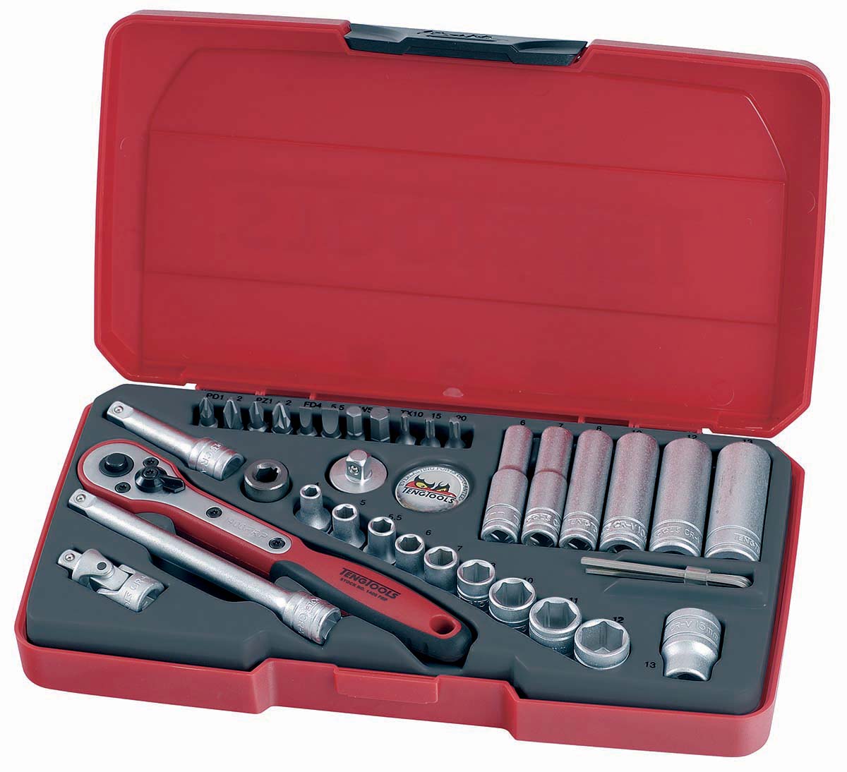 Teng Tools 36-Piece Metric 1/4 in Deep Socket/Standard Socket/Bit Set with Ratchet, 6 point; Hex Bit; Phillips Bit;
