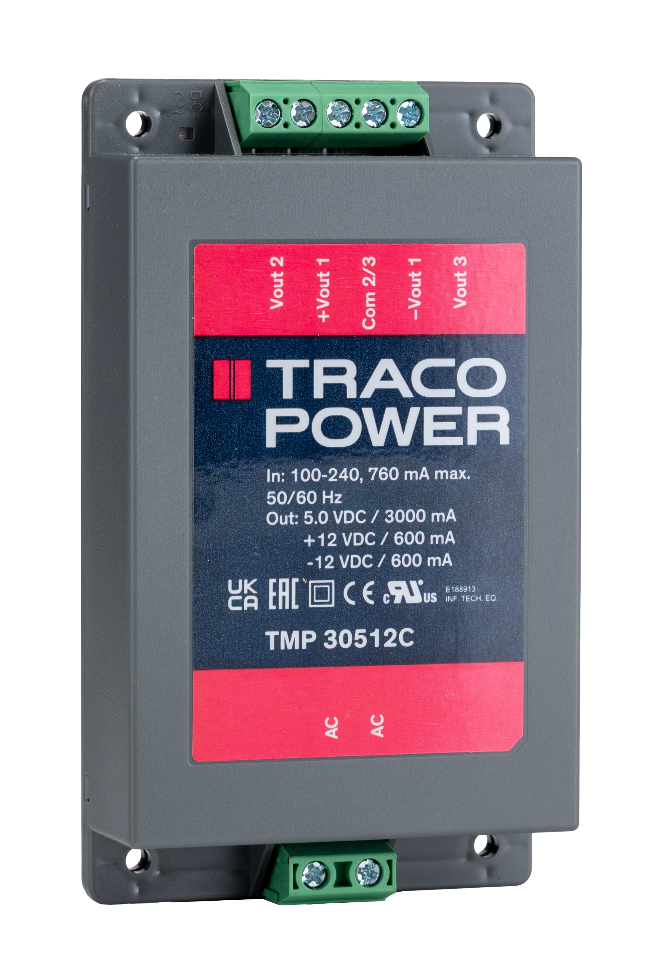 TRACOPOWER Switching Power Supply, TMP 30512C, 5 V dc, ±12 V dc, 3 A, 600 mA, 29W, Triple Output, 120 → 370 V