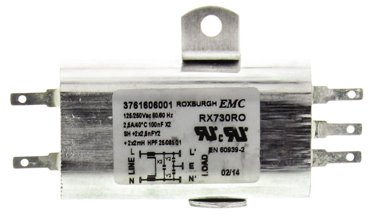 Roxburgh EMC, RX730 2.5A 250 V ac 60Hz, Chassis Mount RFI Filter, Tab, Single Phase