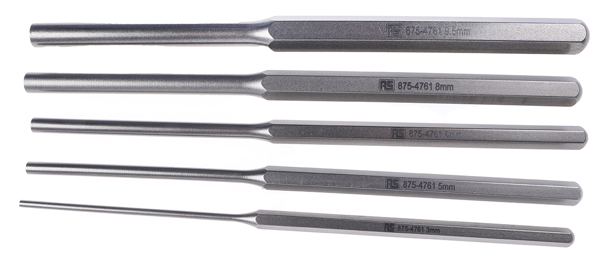 RS PRO 5-Piece Punch Set, Parallel Pin Punch, 3 → 9.5 mm Shank