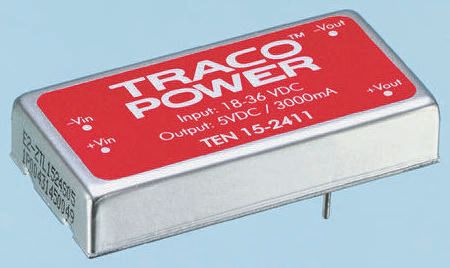 TRACOPOWER TEN 15 DC-DC Converter, ±12V dc/ ±625mA Output, 36 → 75 V dc Input, 15W, Through Hole, +85°C Max Temp