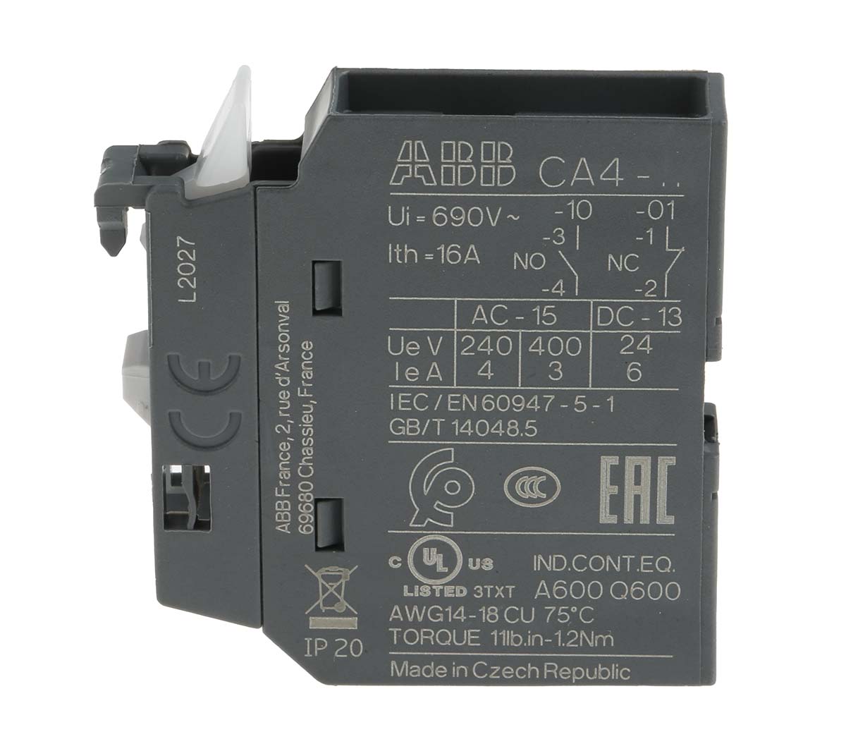 ABB Auxiliary Contact, 1 Contact, 1NC, Front Mount CA4