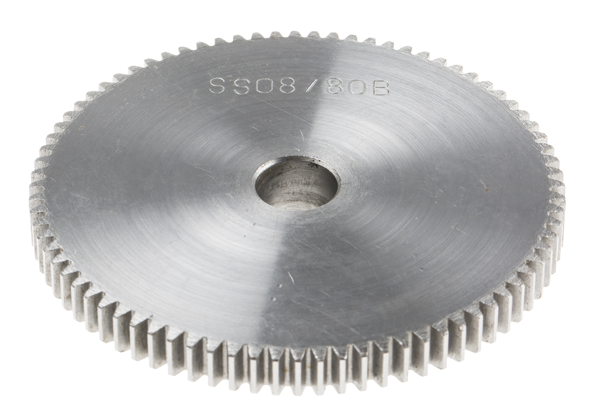 RS PRO Steel 80 Teeth Spur Gear, 0.8 Module, 10mm Bore Diam, 64mm Pitch Diam, 22mm Hub Diam