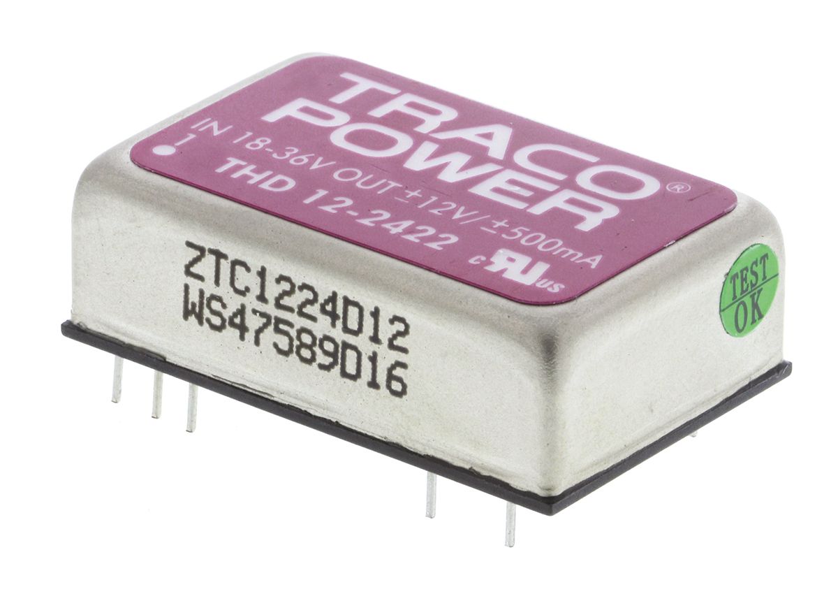 TRACOPOWER THD 12 DC-DC Converter, ±12V dc/ ±500mA Output, 18 → 36 V dc Input, 12W, Through Hole, +85°C Max Temp