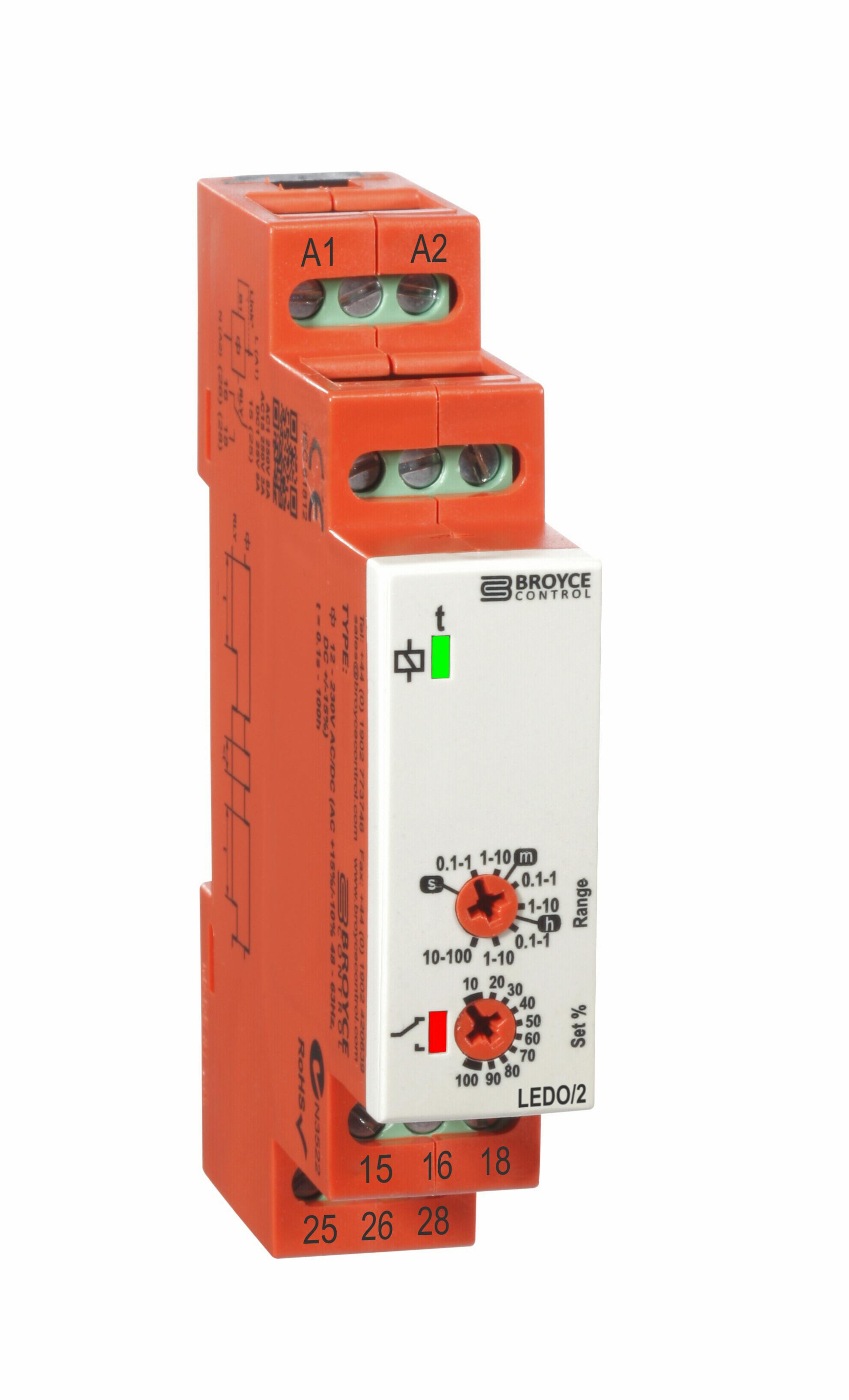 Broyce Control LEDO/2 Series DIN Rail Mount Timer Relay, 12 → 230V ac/dc, 2-Contact, 0.1 s → 100h,