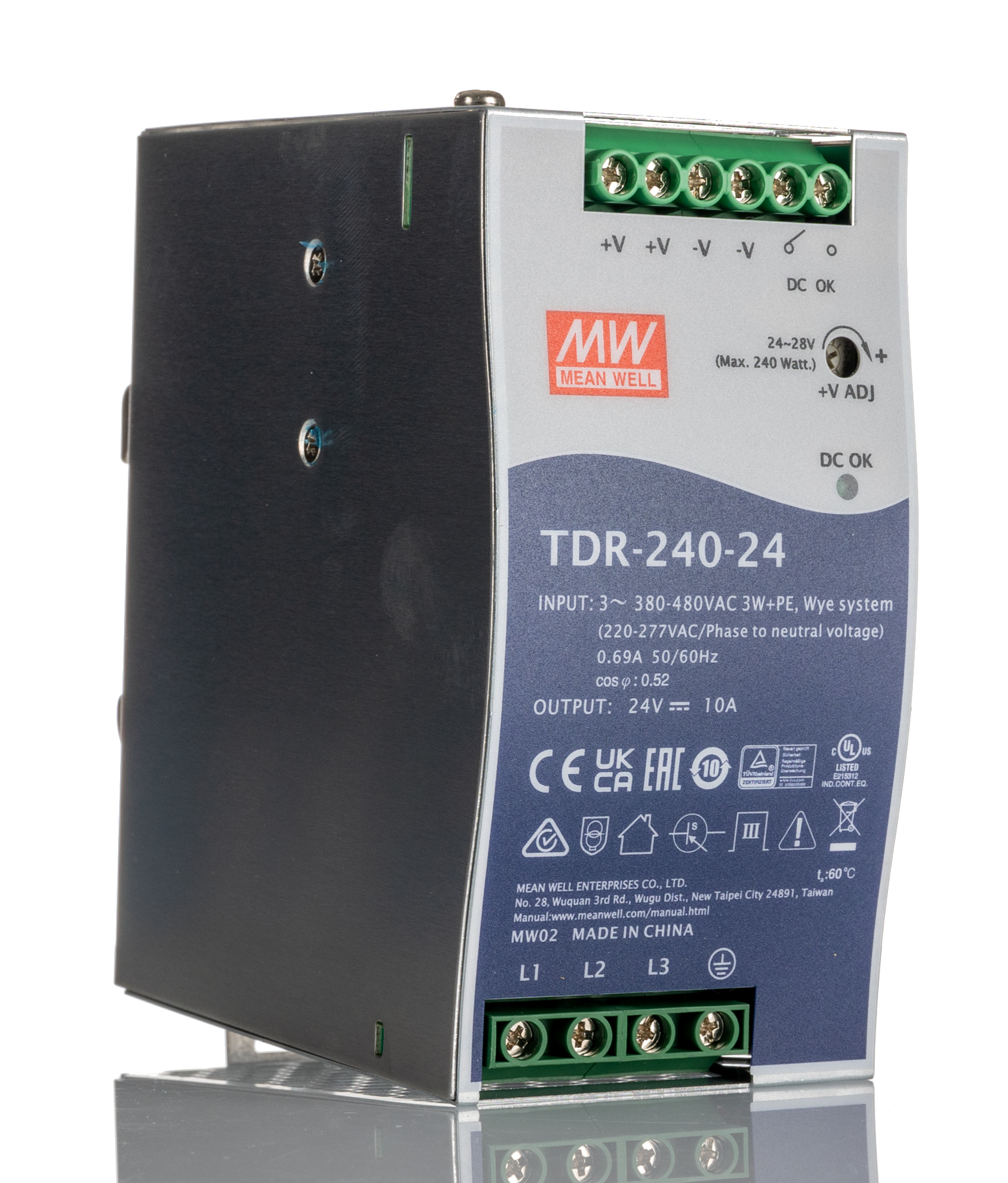 MEAN WELL TDR Switched Mode DIN Rail Power Supply, 340 → 550 V ac / 480 → 780V dc ac, dc Input, 24V dc dc