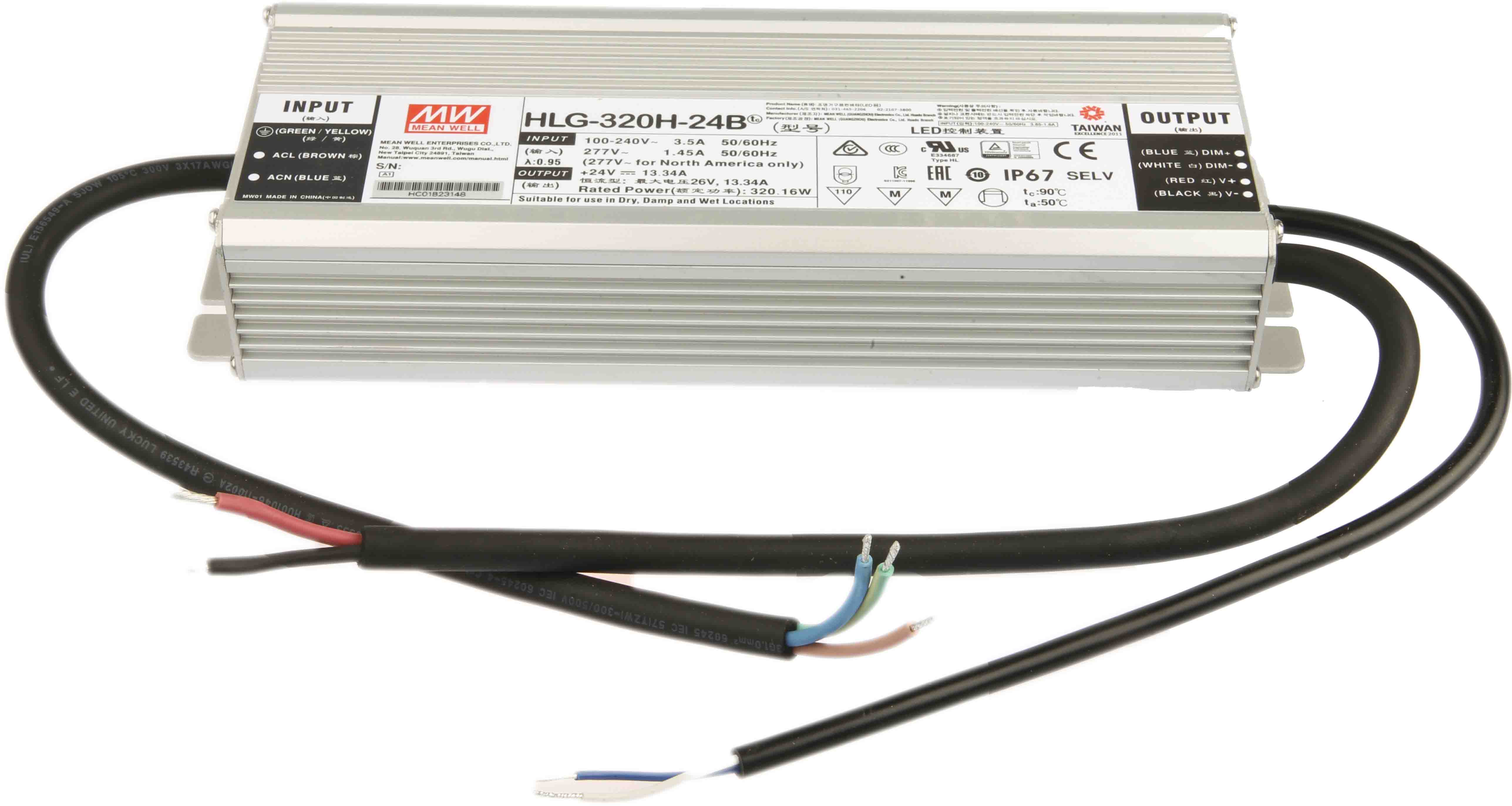 MEAN WELL LED Driver, 24V Output, 320.16W Output, 13.34A Output, Constant Voltage Dimmable