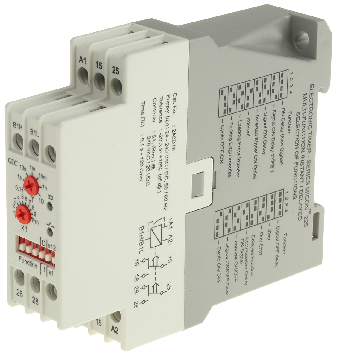 GIC DIN Rail Mount Timer Relay, 24 → 240V ac/dc, 2-Contact, 0.1 s → 120days, SPDT