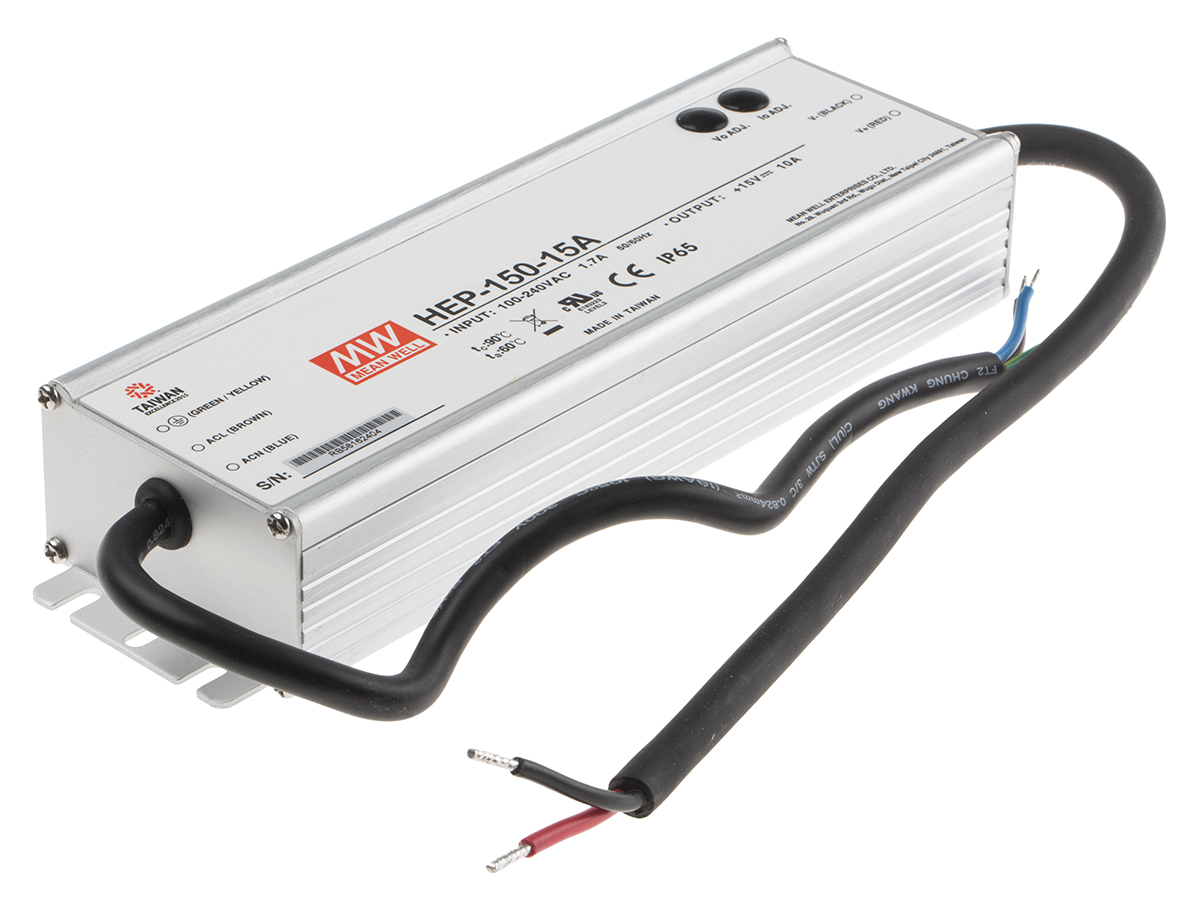 MEAN WELL Switching Power Supply, HEP-150-15A, 15V dc, 10A, 150W, 1 Output, 127 → 431 V dc, 90 → 305 V ac