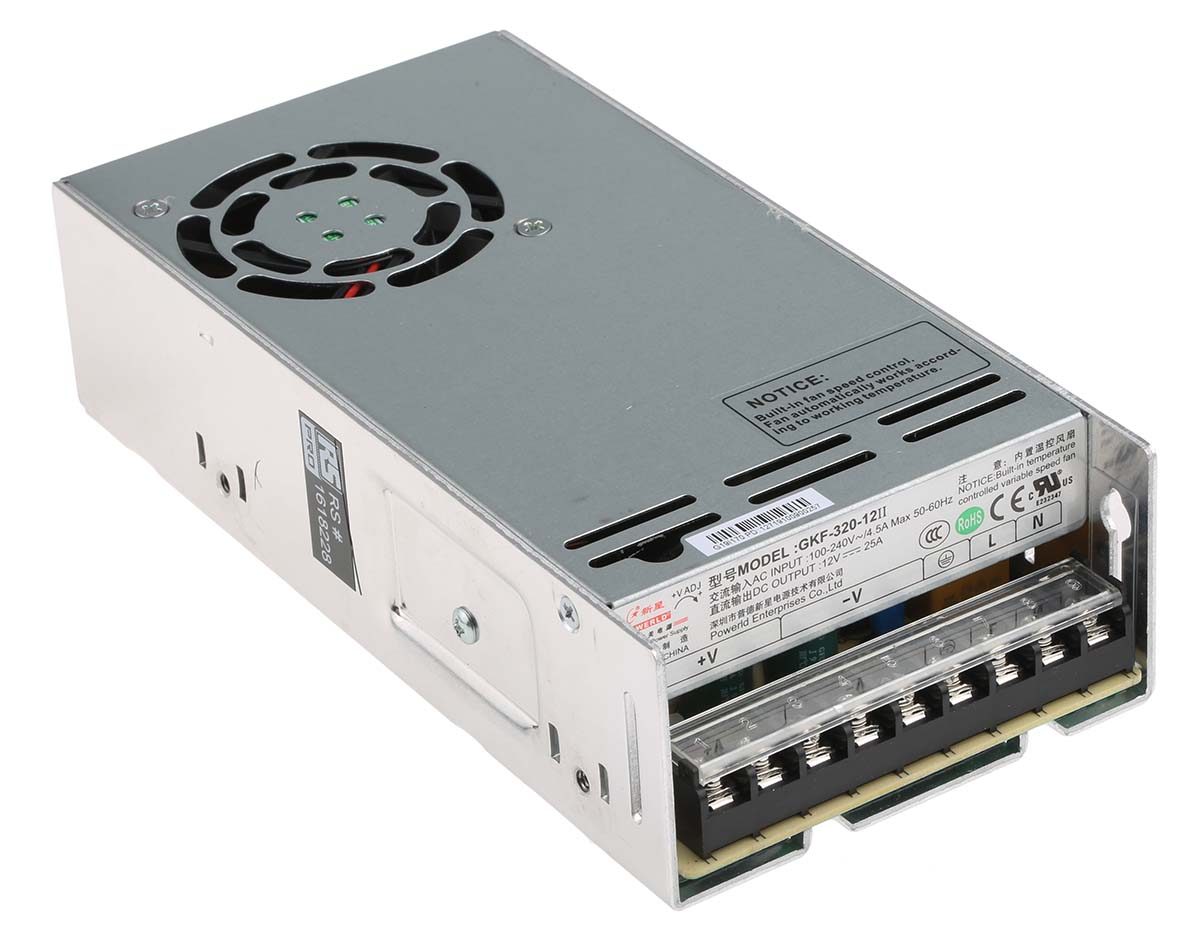 RS PRO Switching Power Supply, 12V dc, 25A, 300W, 1 Output, 120 → 370 V dc, 90 → 264 V ac Input Voltage