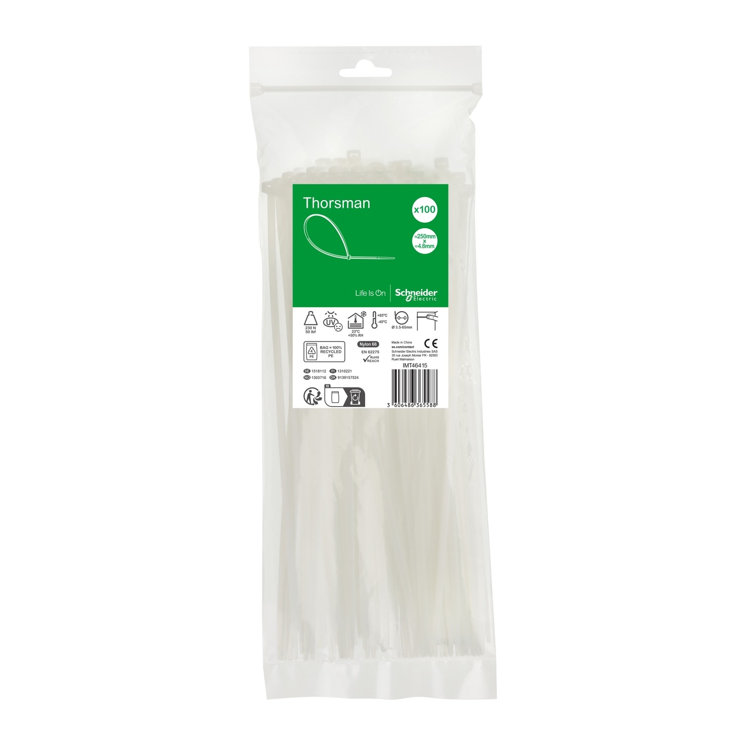 Schneider Electric Cable Tie, , 250mm x 4.8 mm, Clear Nylon, Pk-1