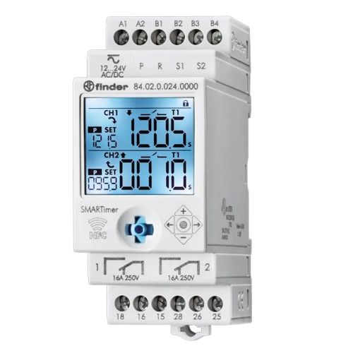 Finder 84 Series Series DIN Rail Mount Digital Timer, 12 → 24V ac/dc, 2-Contact, 0.1 s → 9999h, DPDT