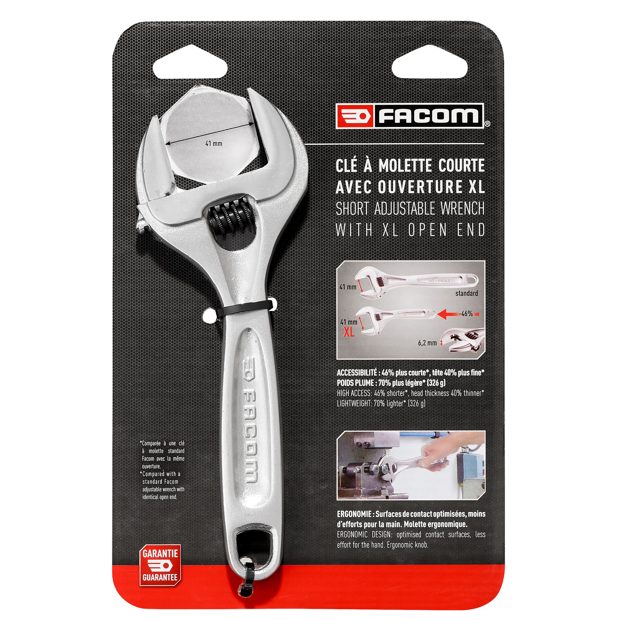 Facom Adjustable Spanner, 200 mm Overall, 40mm Jaw Capacity, Metal Handle