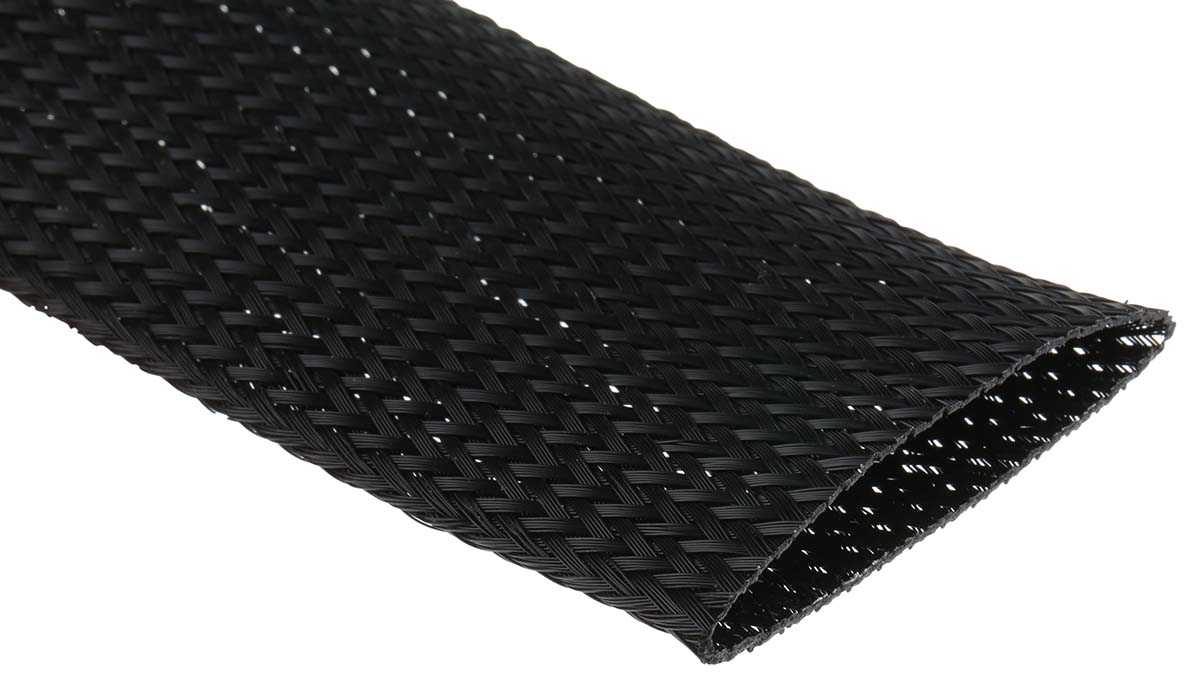 RS PRO Expandable Braided PET Black Cable Sleeve, 50mm Diameter, 5m Length
