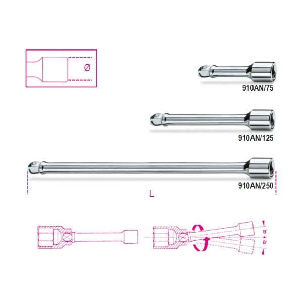 BETA 910AN/75 3/8 in Wobble Extension Bar, 75 mm Overall