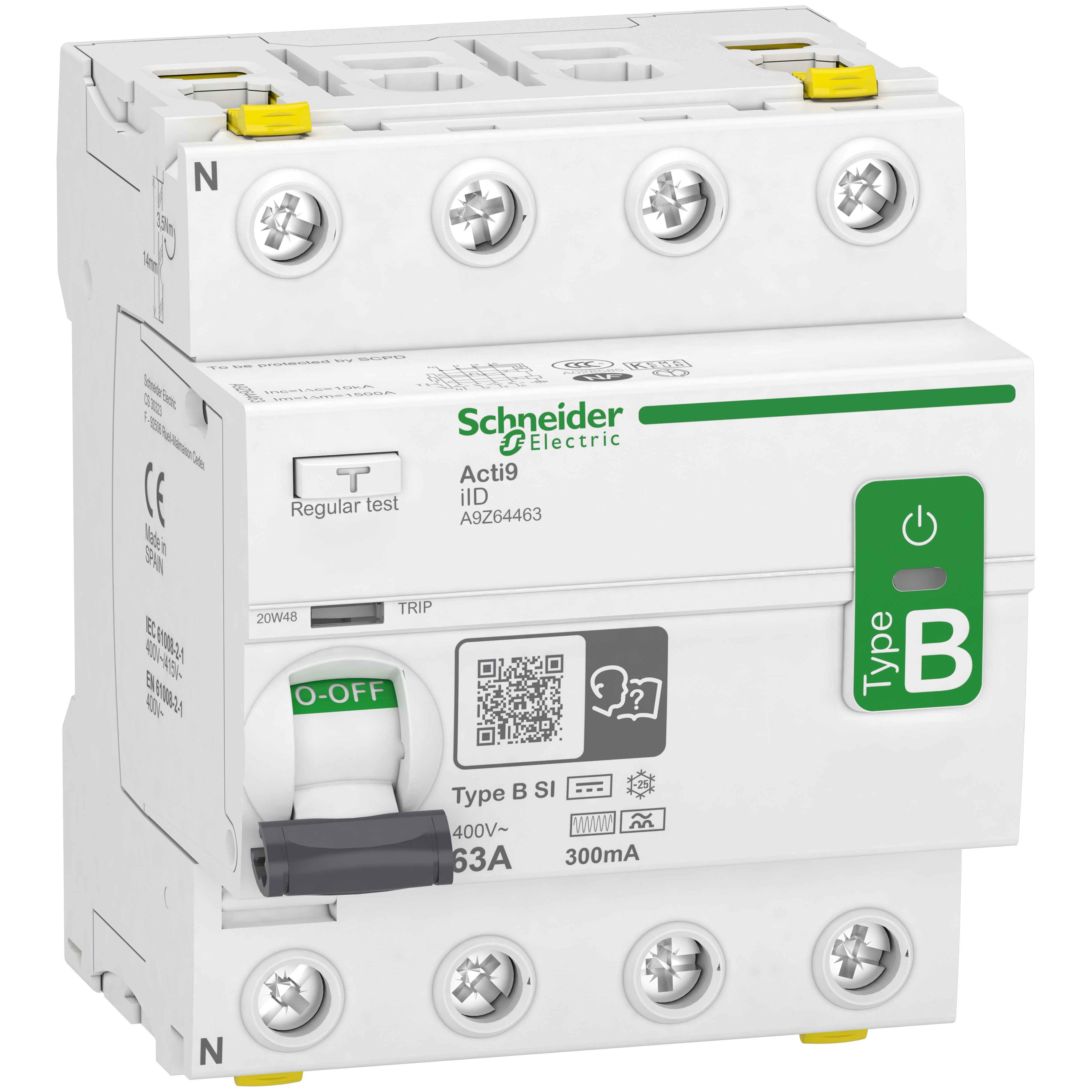 Schneider Electric iID RCCB, 63A, 4 Pole, 300mA, Type B-SI, 400V ac