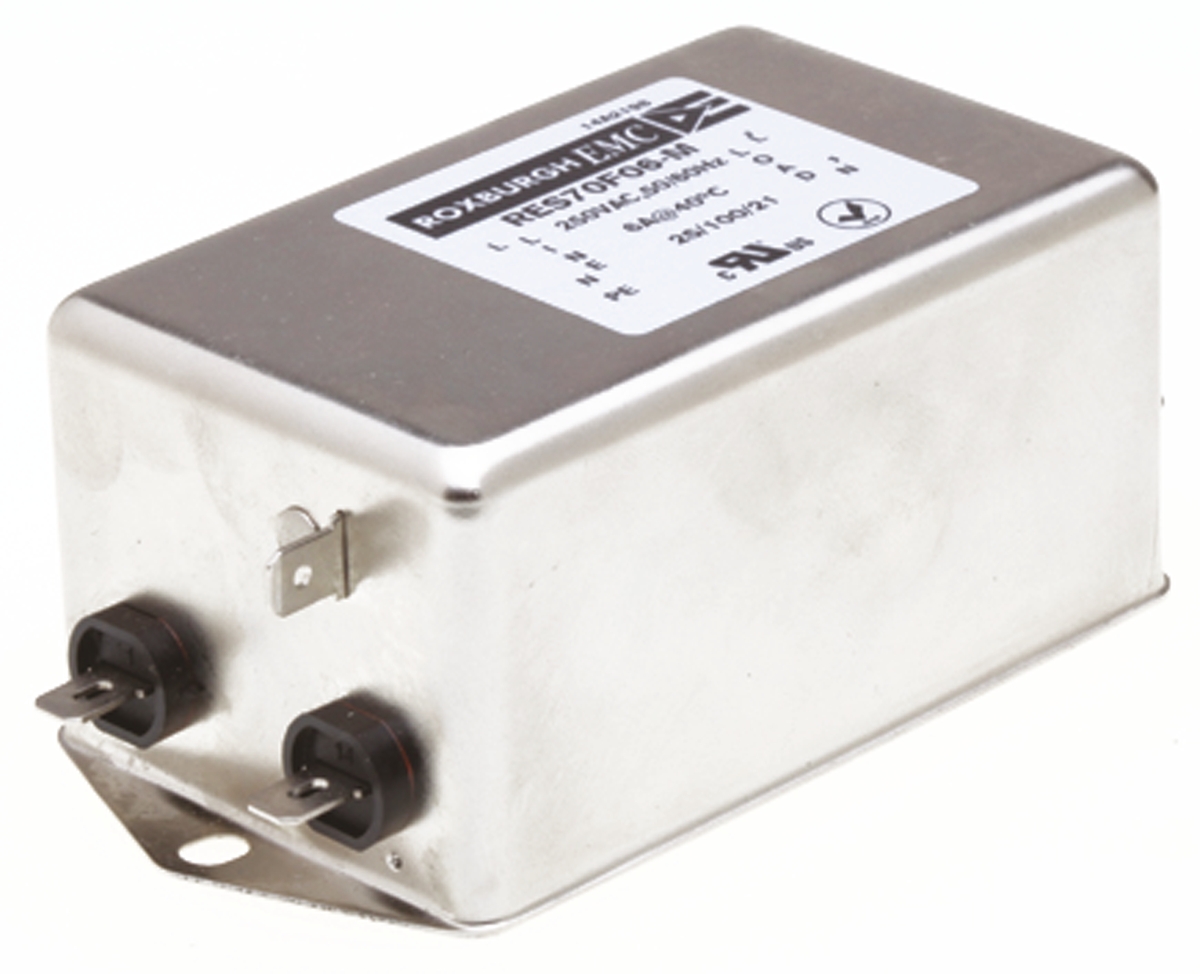 Roxburgh EMC, RES70 6A 250 V ac DC → 400Hz, Chassis Mount RFI Filter, Fast-On, Single Phase