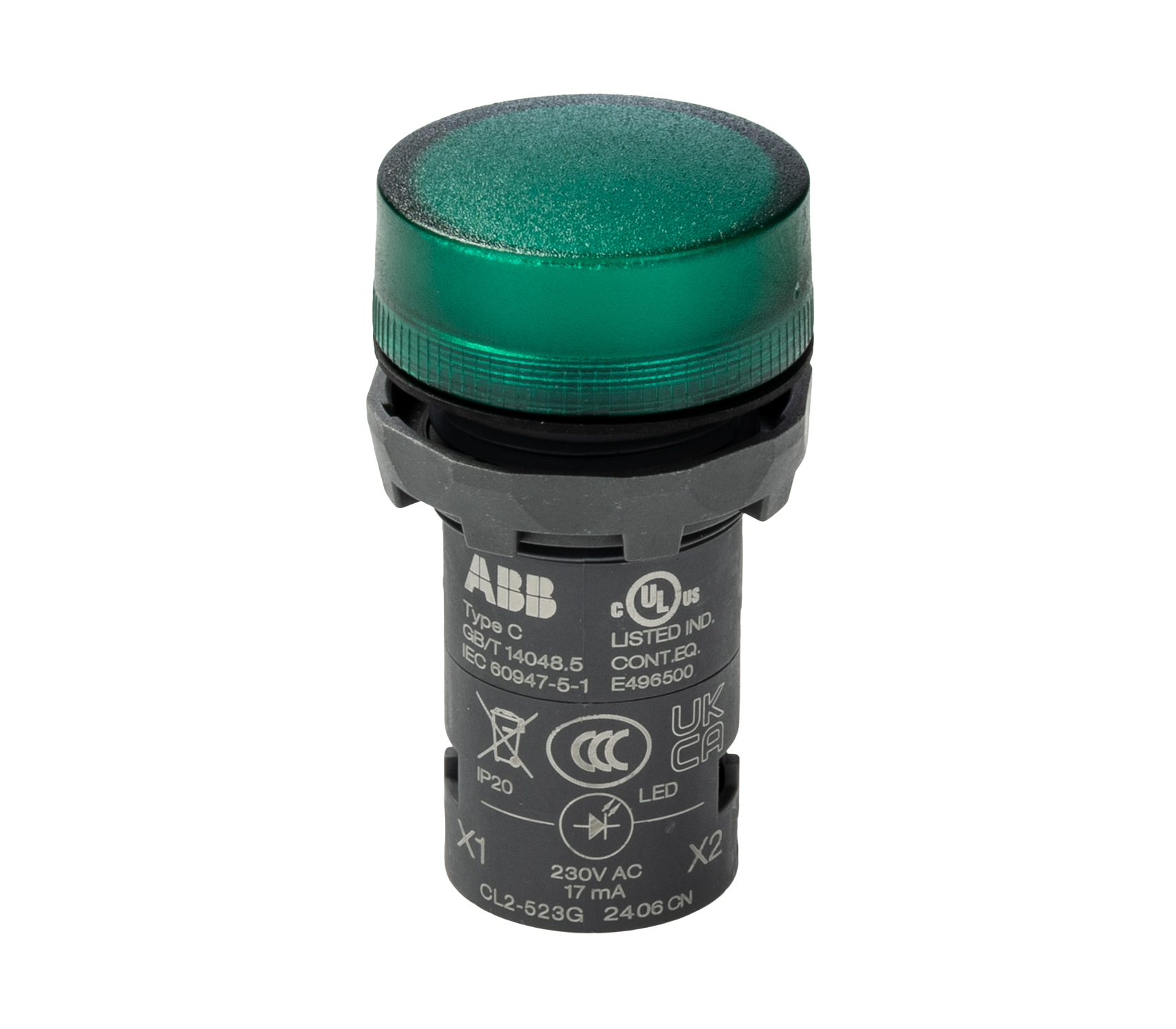 ABB, CL2-523G, Panel Mount Green LED Pilot Light, 22mm Cutout, IP66, IP67, IP69K, Round, 230V ac
