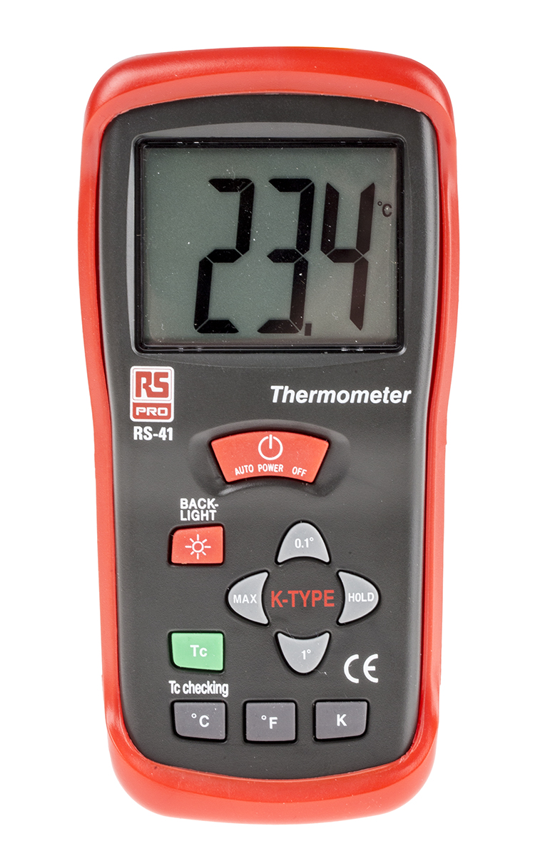 RS PRO RS41 Wired Digital Thermometer, K Probe, 1 Input(s), +1300 °C, +2000 °F, +2000 K Max, ±0.5% + 1 °C, ±0.5% + 2