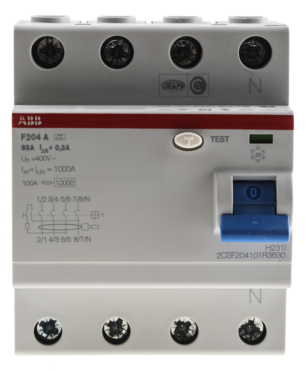 ABB F200 RCCB, 63A, 4 Pole, 300mA, Type A