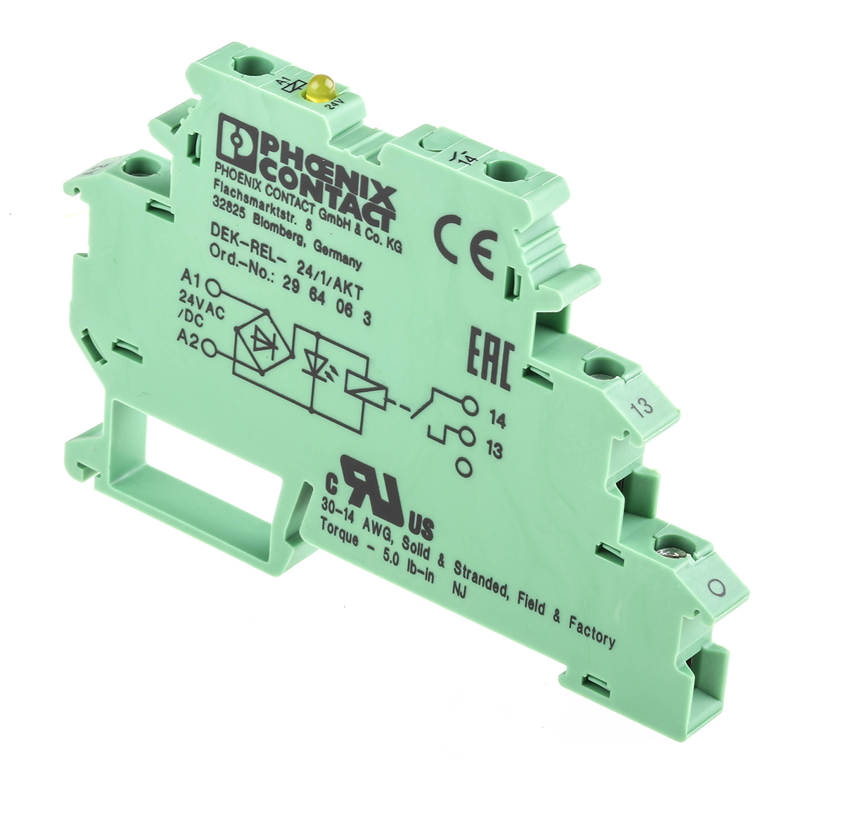 Phoenix Contact DEK-REL- 24/1/AKT Series Interface Relay, Chassis Mount, 24V ac/dc Coil, SPST, 1-Pole