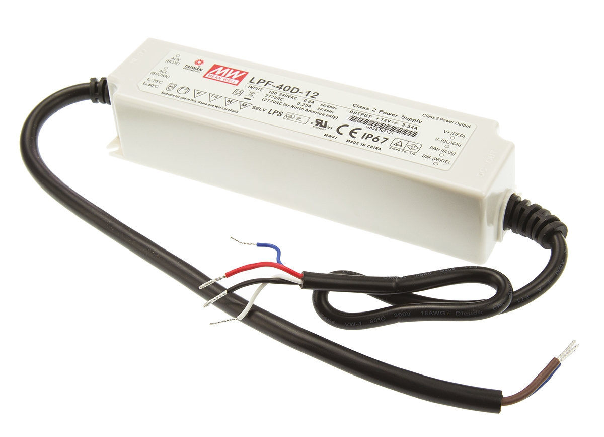 MEAN WELL LED Driver, 12V Output, 40.08W Output, 3.34A Output, Constant Voltage Dimmable